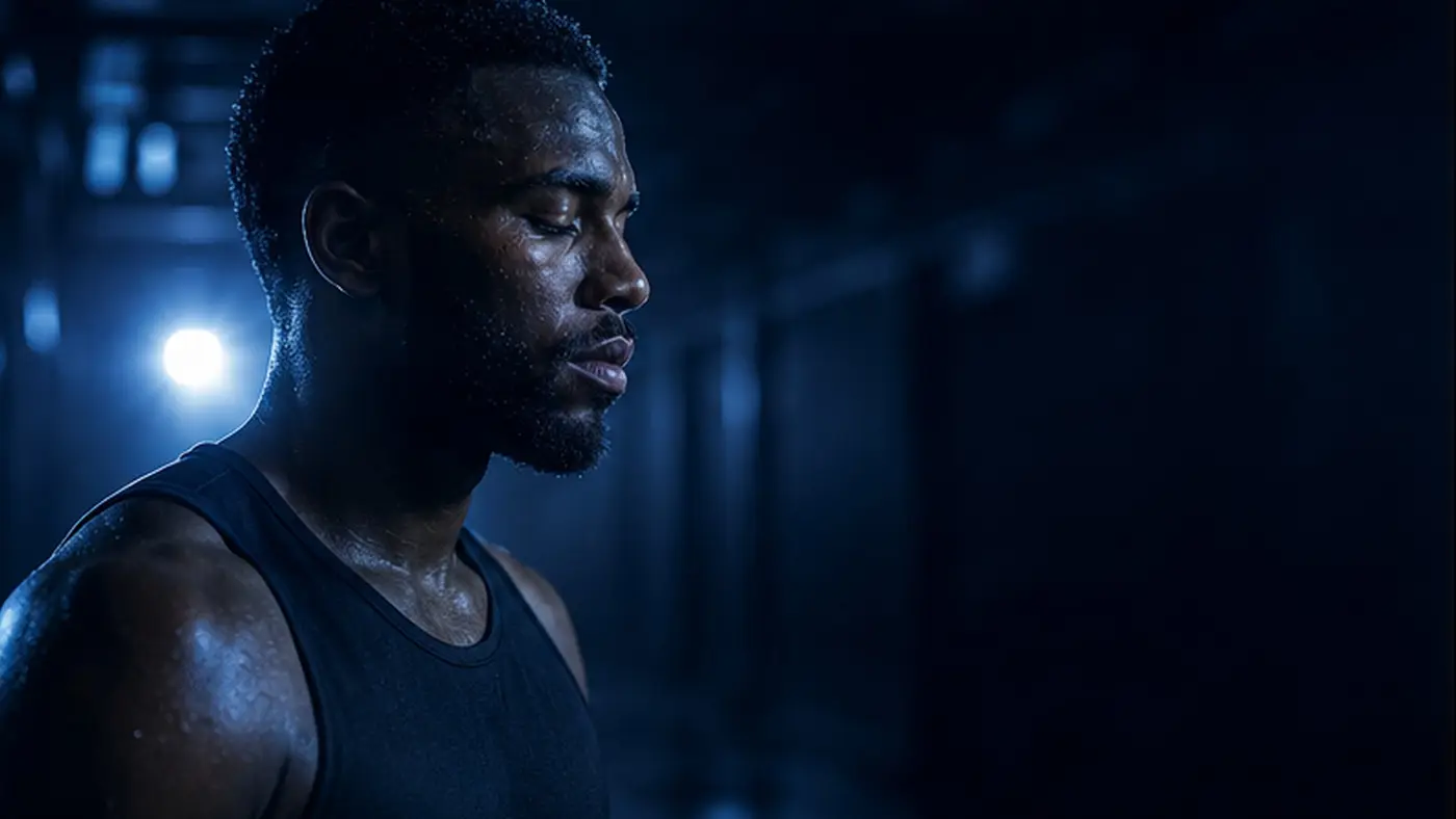 Athlete with eyes closed in calm focused meditation, lit in deep violet